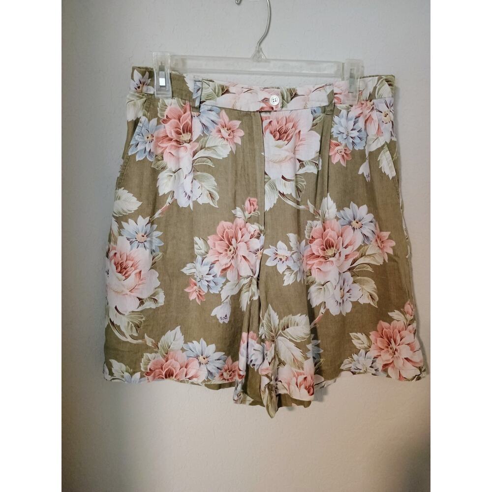 Evan Picone Olive Green Pink Cottage Floral Linen High Waist Pleated Shorts 10